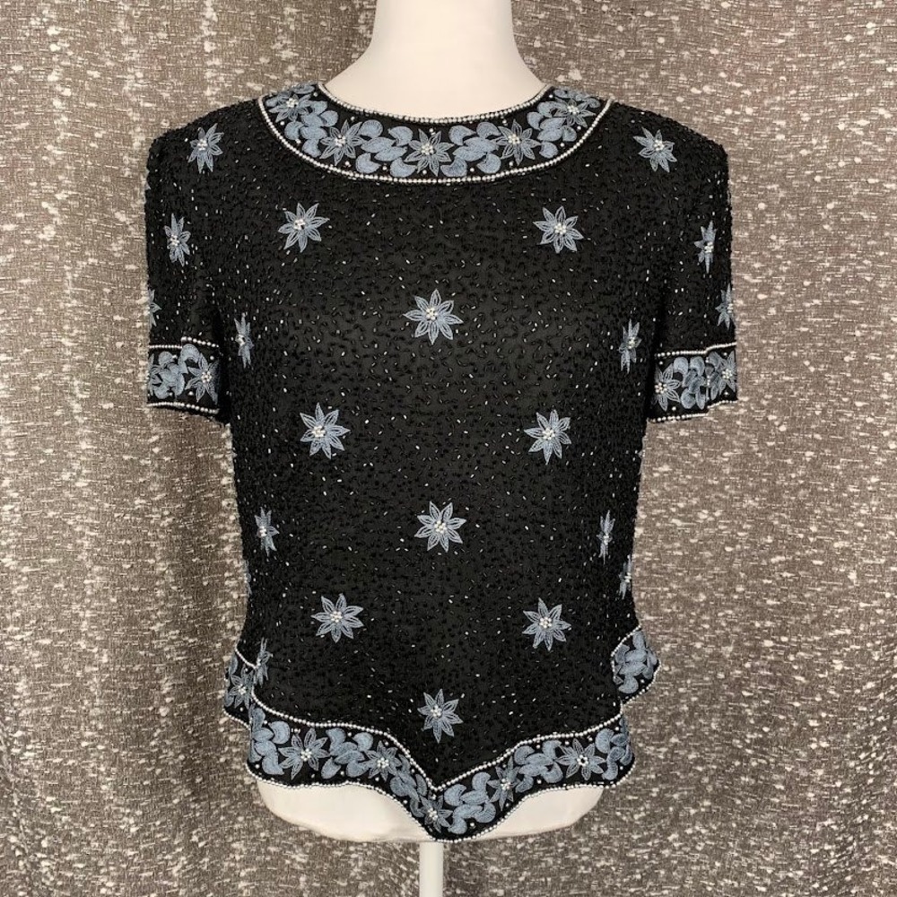 Papell Boutique Evening Beaded Embroidered Silk Top Sz M Embellished Formal